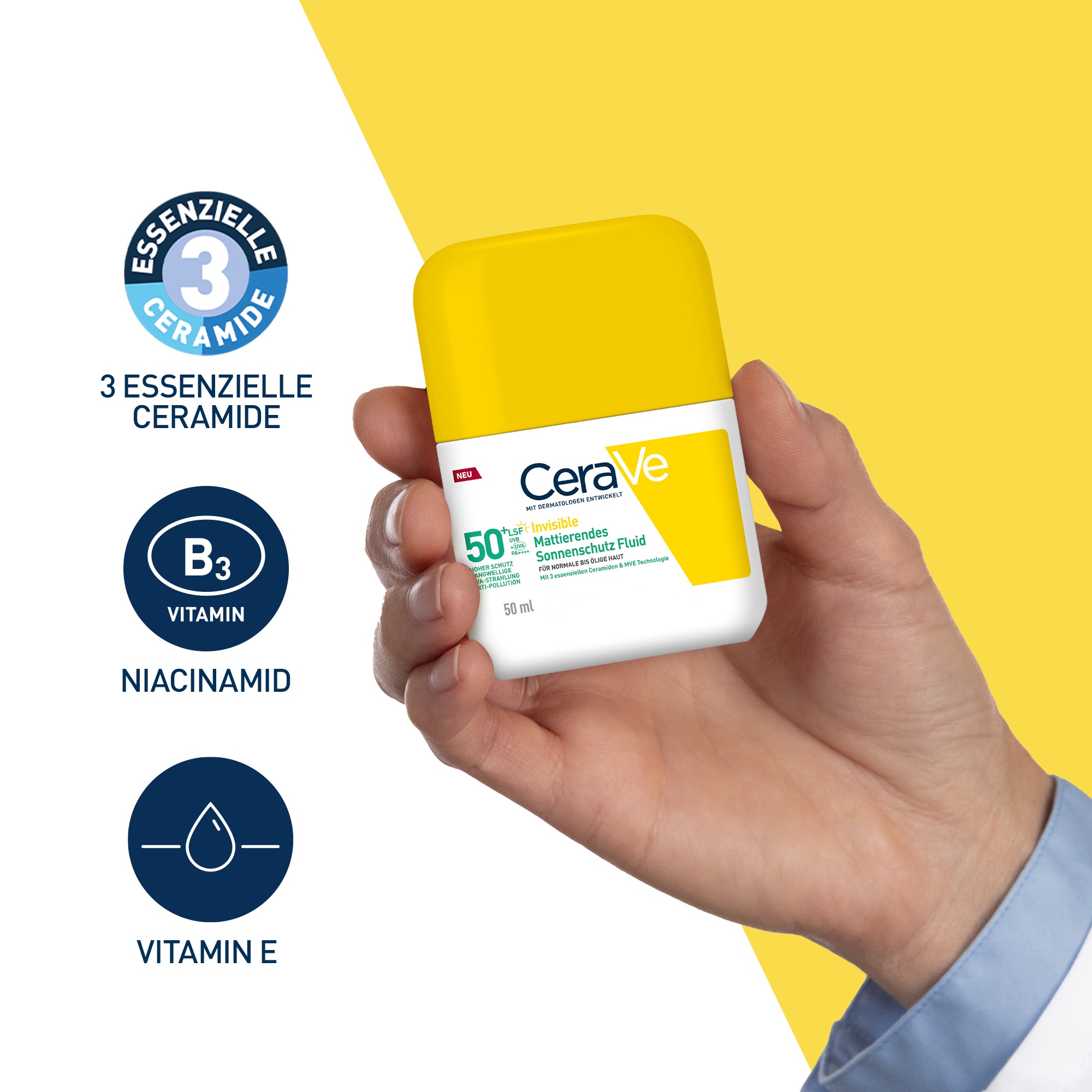 Hand hält eine gelb-weiße Flasche. Text: CeraVe, Invisible Mattierendes Sonnenschutz Fluid LSF 50+. Enthält Ceramide, Niacinamid, Vitamin E.